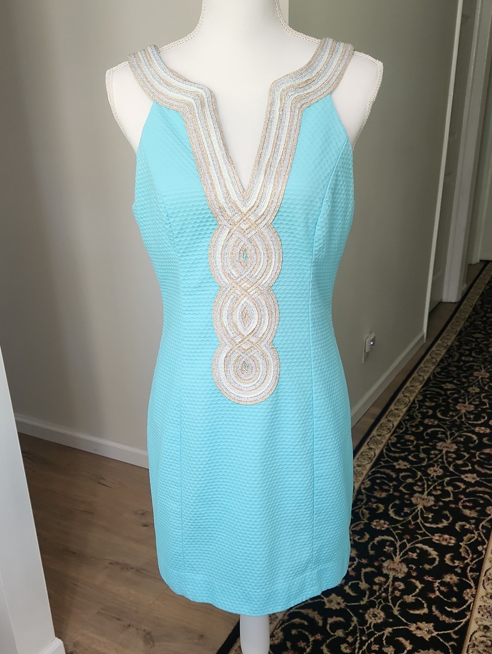 Lilly Pulitzer Valli Shift Dress Serene Blue Metallic Soutache Size 6 EUC